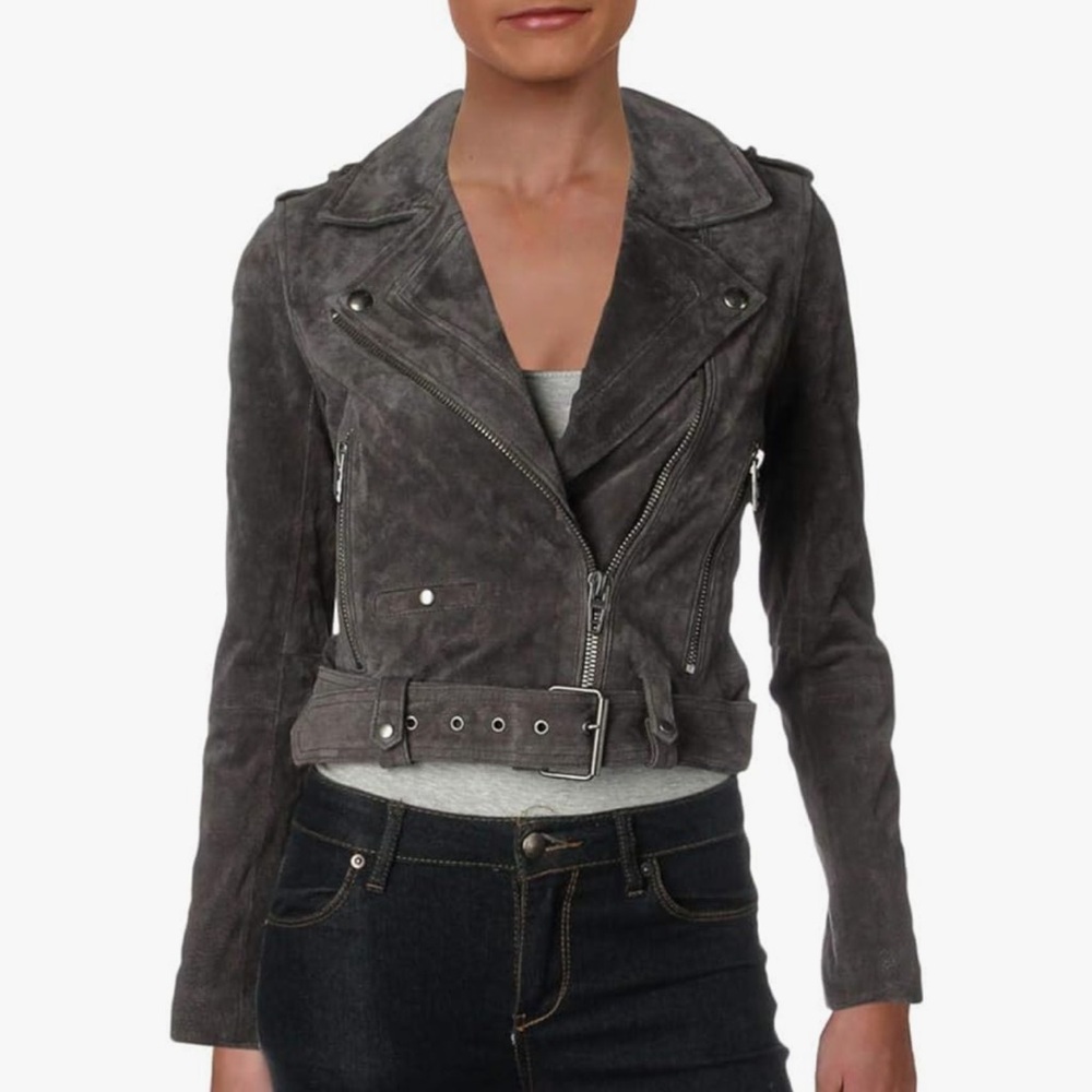 [BLANKNYC] Cropped Suede Leather Motorcycle Jackets Grey Small NWT
